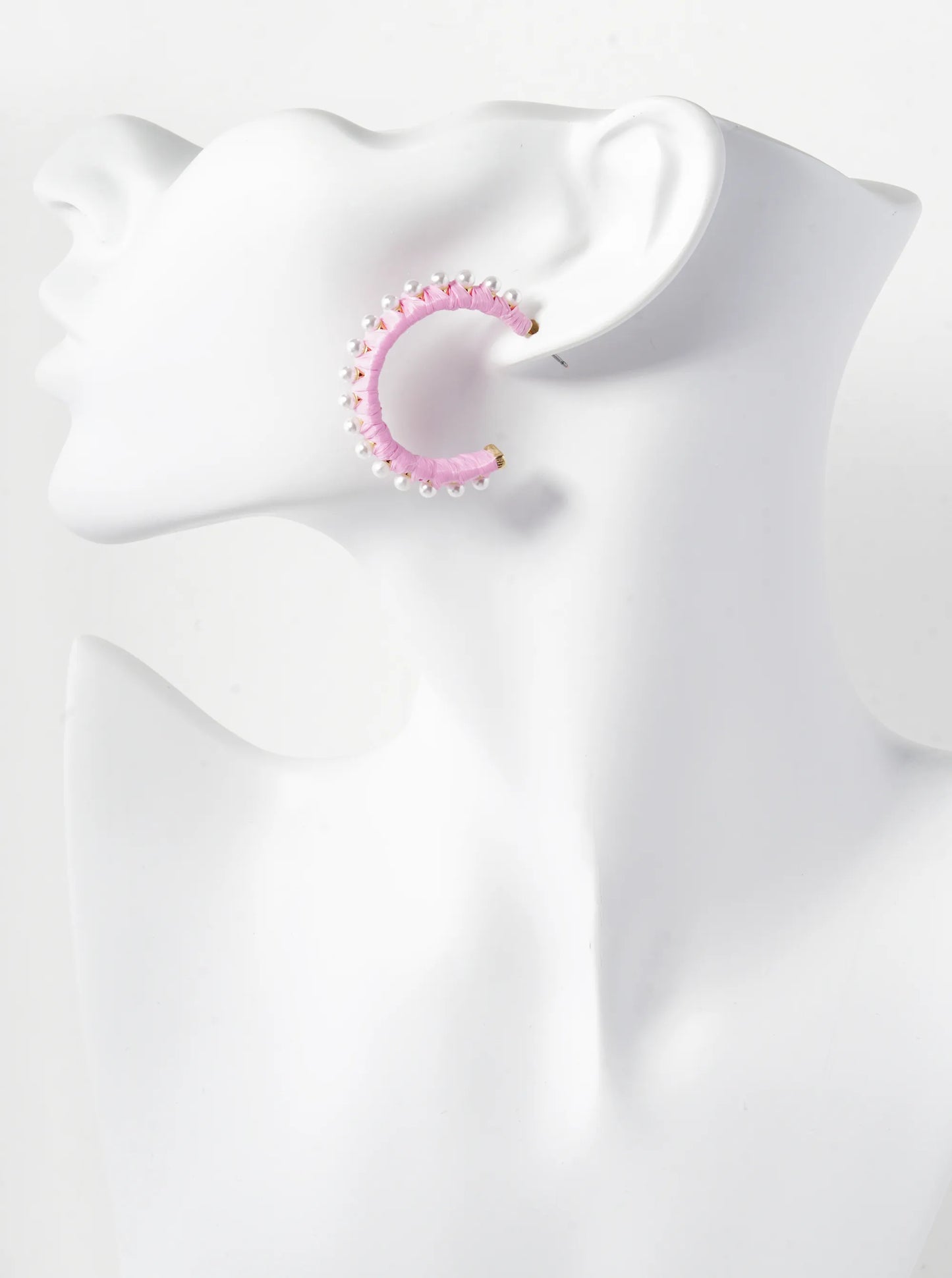 Pearl Beaded 30mm Raffia Wrapped Open Hoop Earrings