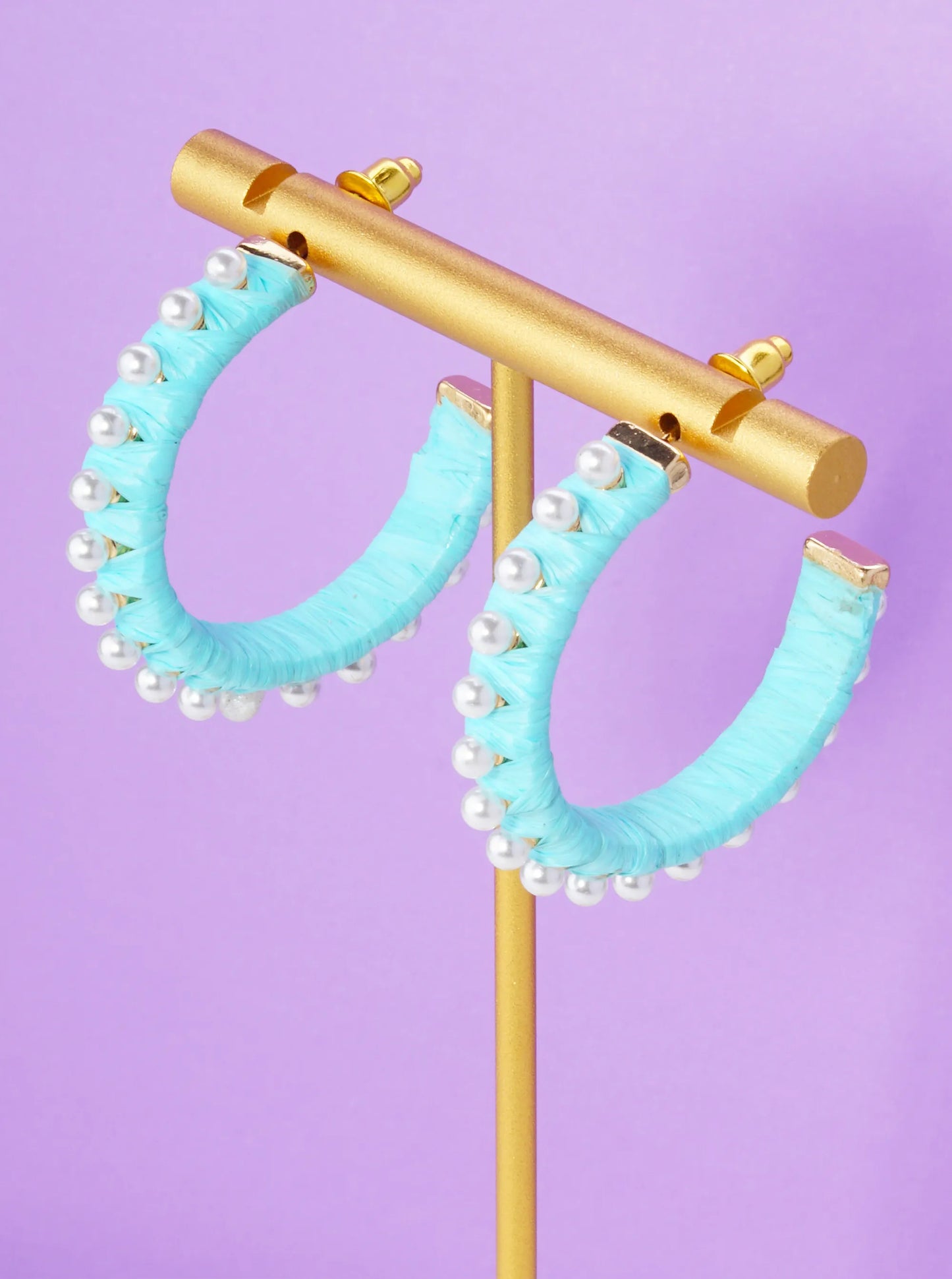 Pearl Beaded 30mm Raffia Wrapped Open Hoop Earrings