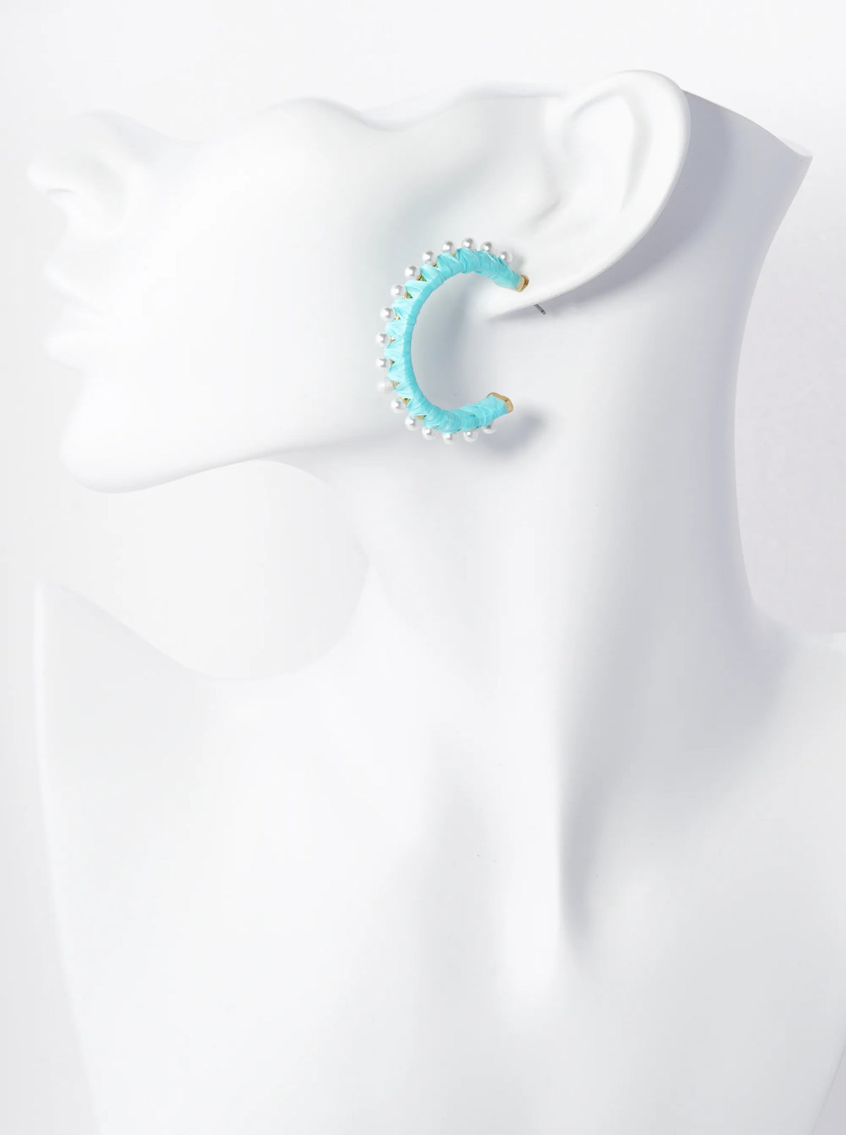 Pearl Beaded 30mm Raffia Wrapped Open Hoop Earrings