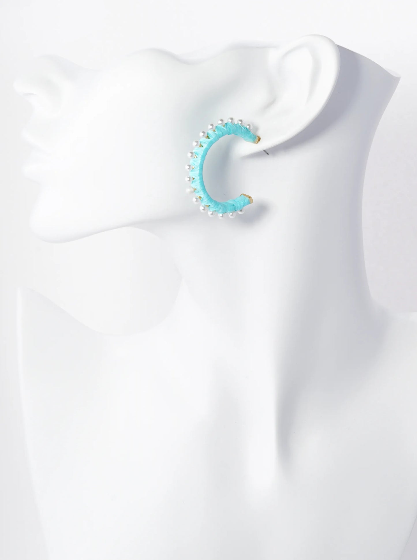 Pearl Beaded 30mm Raffia Wrapped Open Hoop Earrings