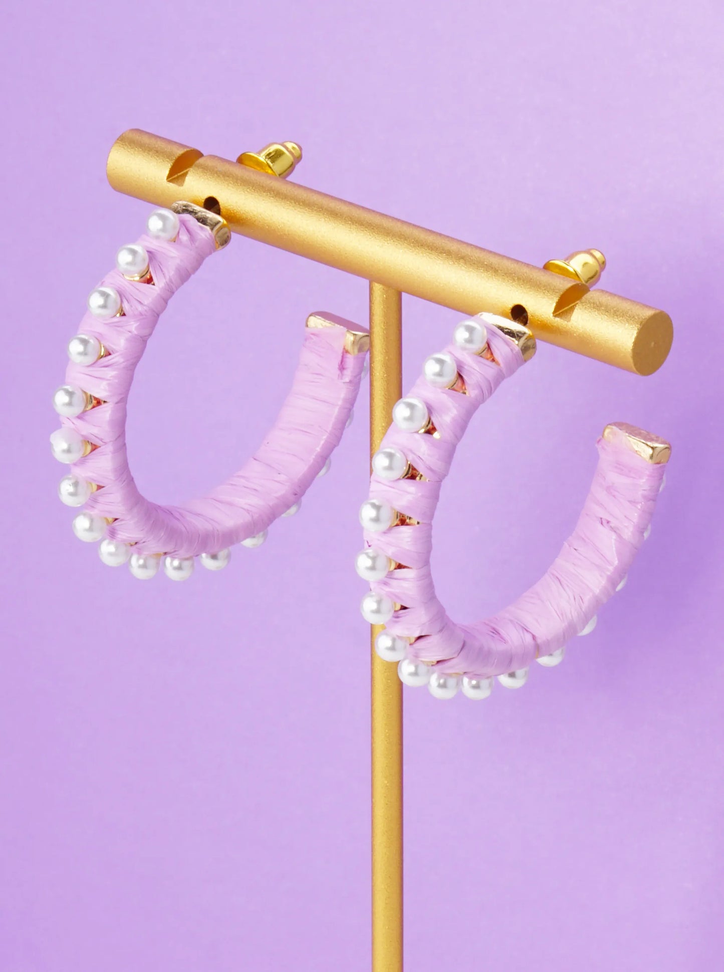 Pearl Beaded 30mm Raffia Wrapped Open Hoop Earrings