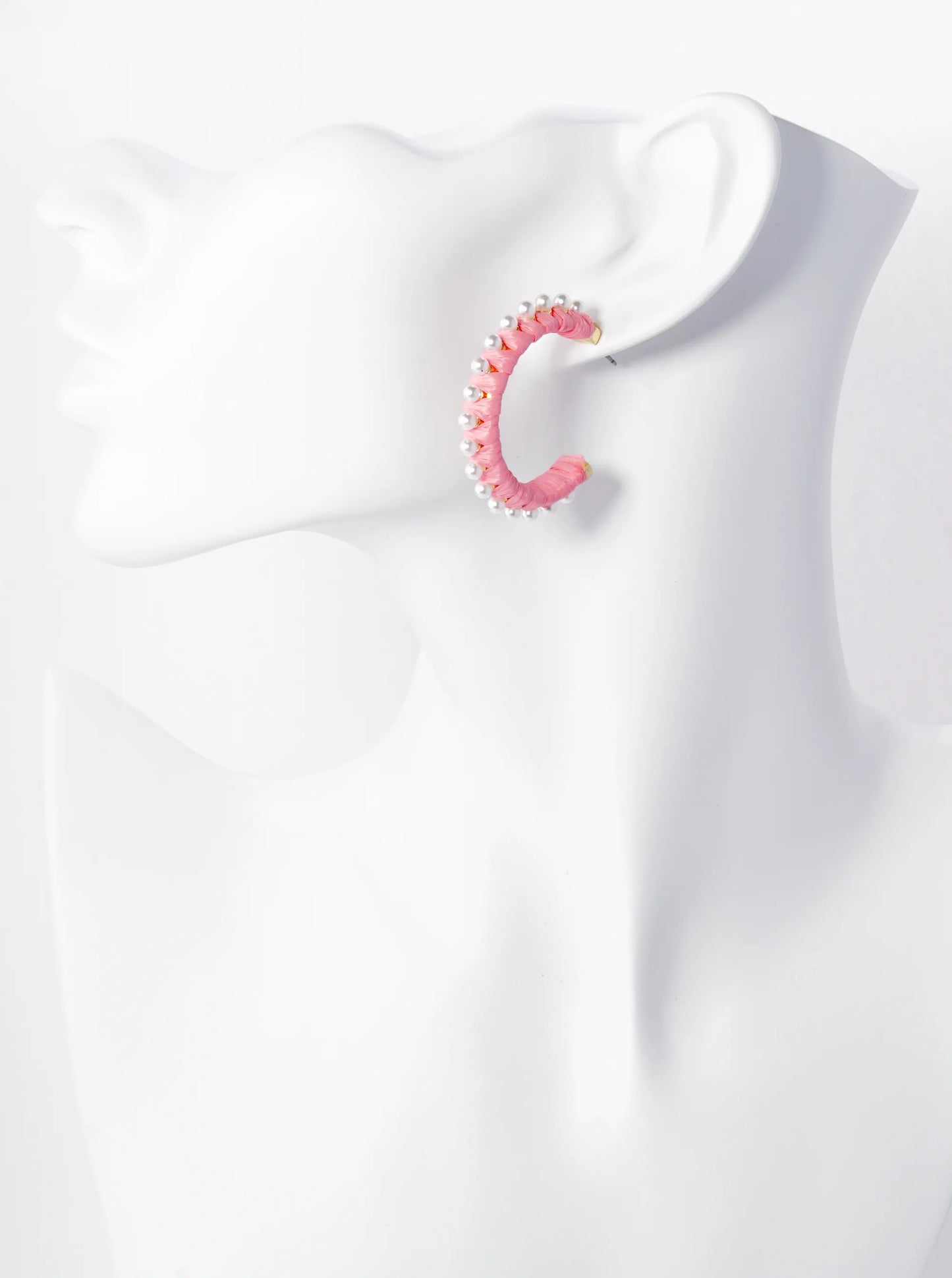 Pearl Beaded 30mm Raffia Wrapped Open Hoop Earrings