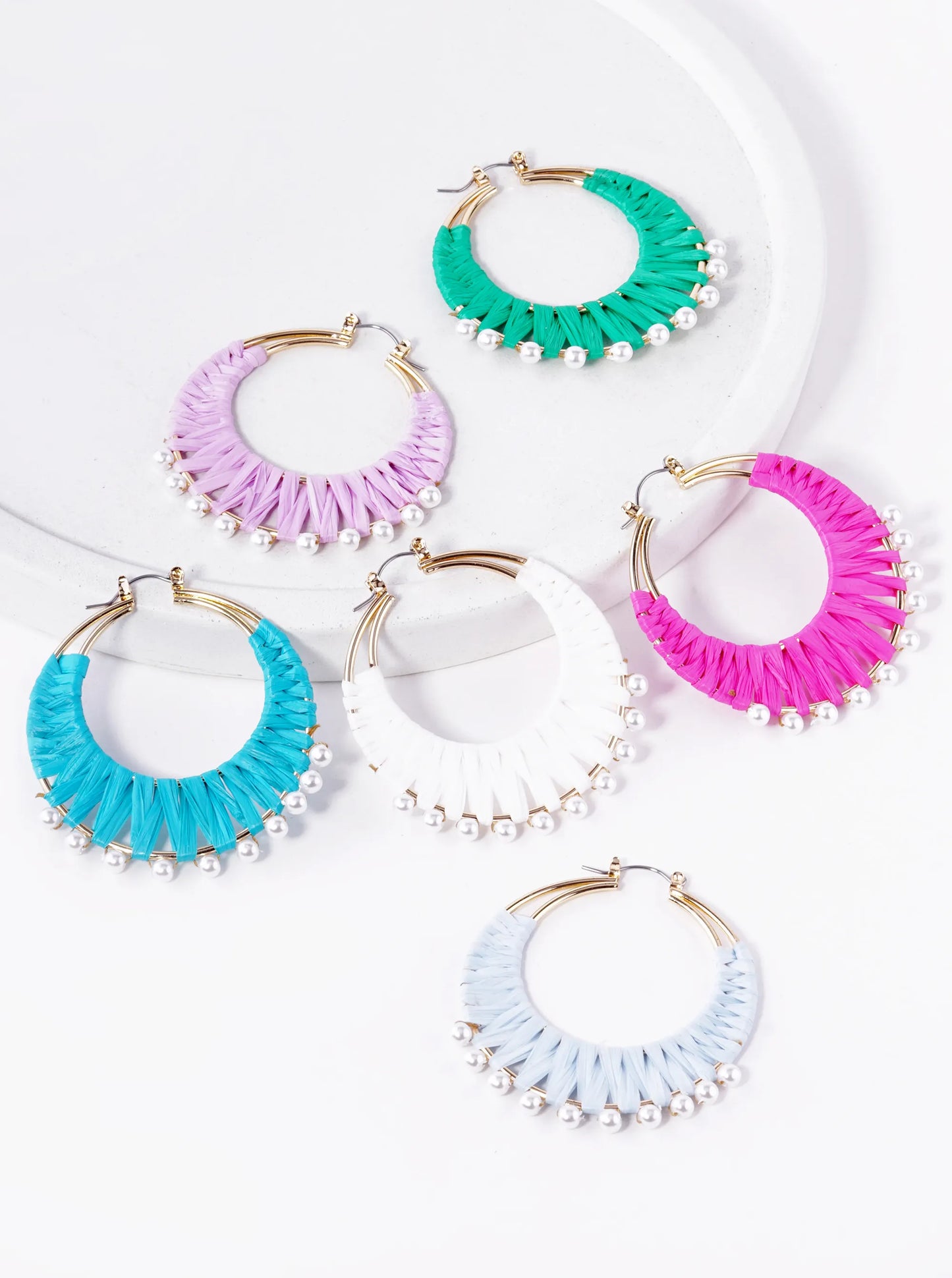 Pearl Beaded 50mm Raffia Hoop Earrings