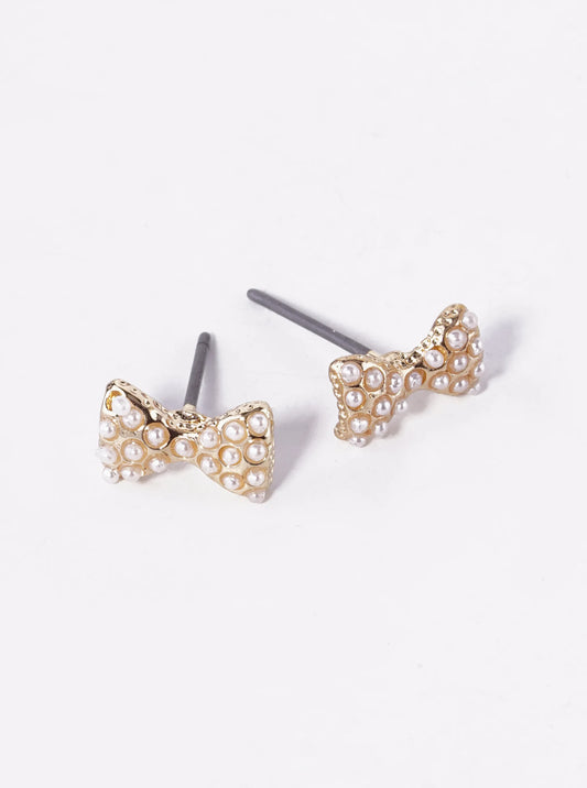Pearl Beaded 6mm Ribbon Bow Stud Earrings