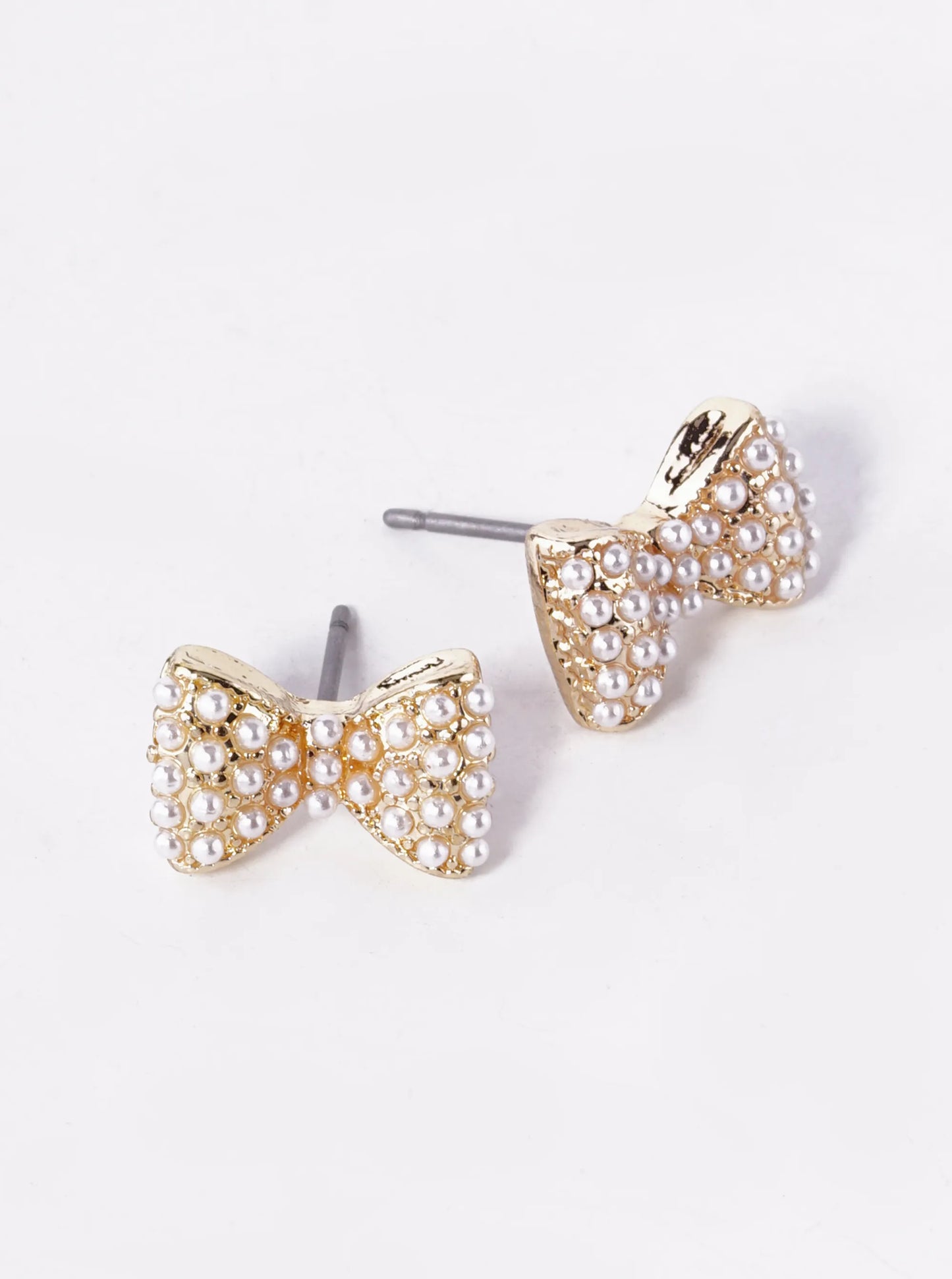 Pearl Beaded 8mm Ribbon Bow Stud Earrings