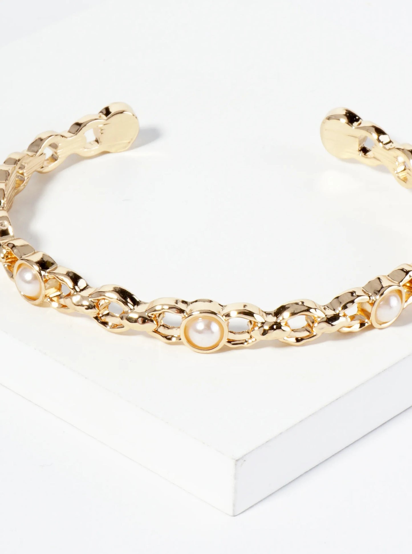 Pearl Beaded Chain Open Cuff Bracelet