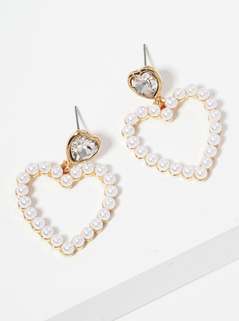 Pearl Beaded Crystal Heart Post Dangle Earrings