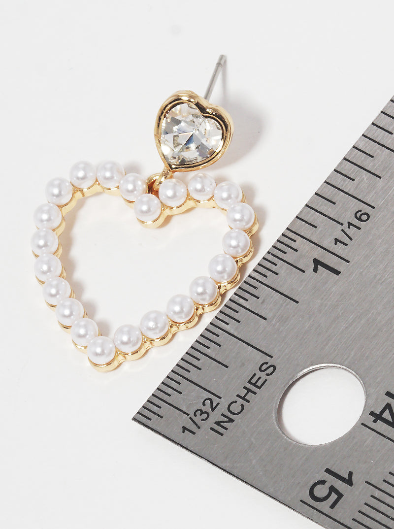 Pearl Beaded Crystal Heart Post Dangle Earrings