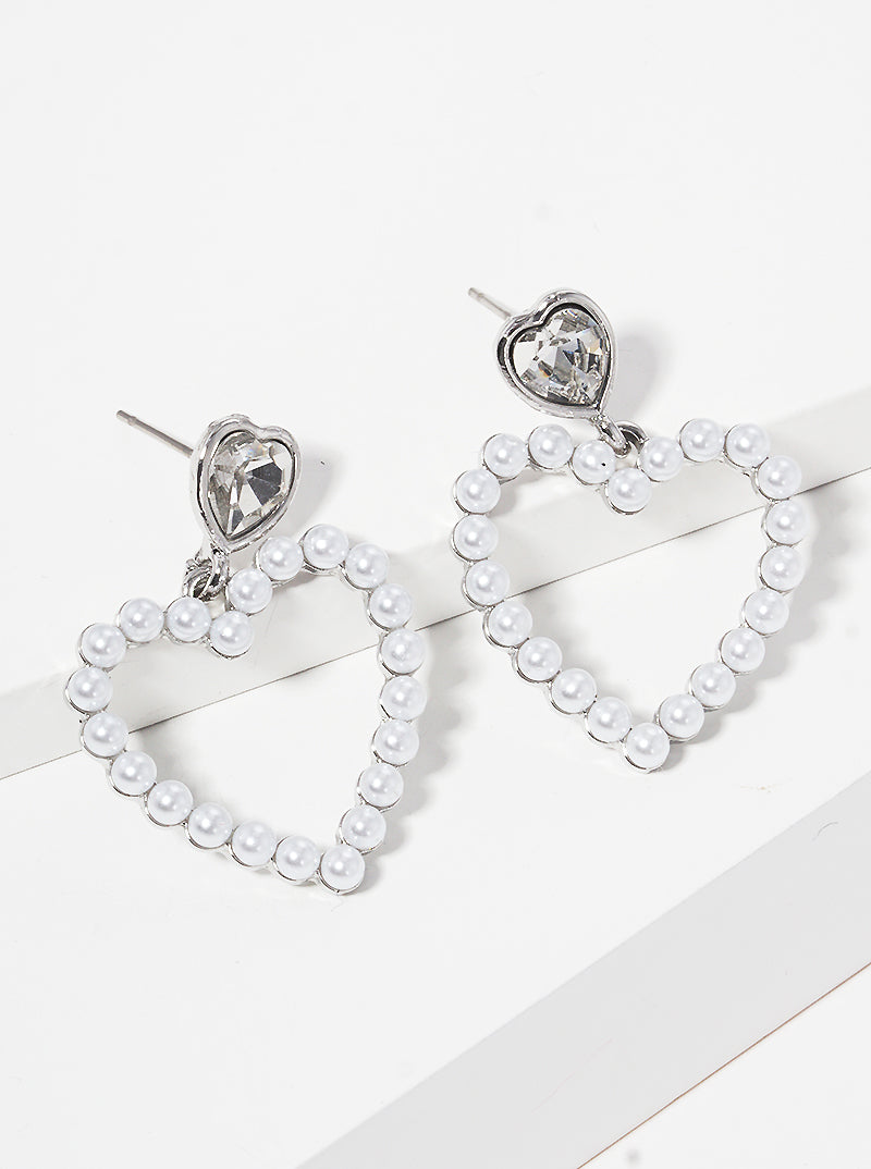 Pearl Beaded Crystal Heart Post Dangle Earrings