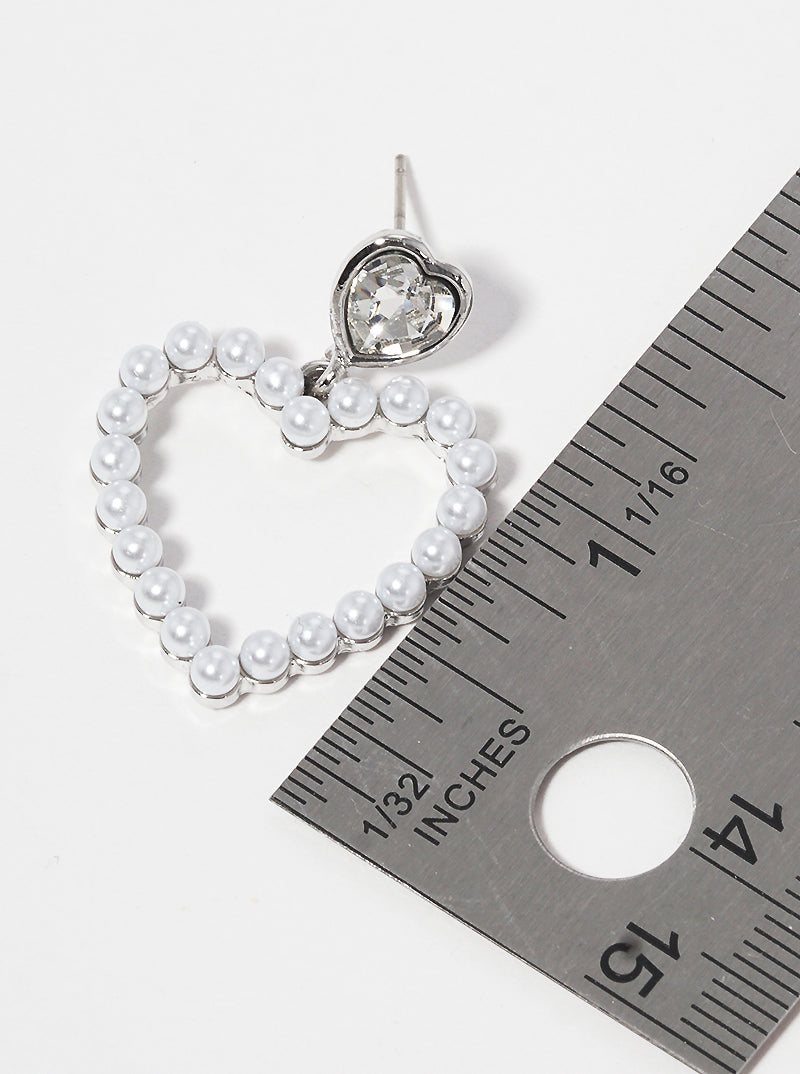 Pearl Beaded Crystal Heart Post Dangle Earrings