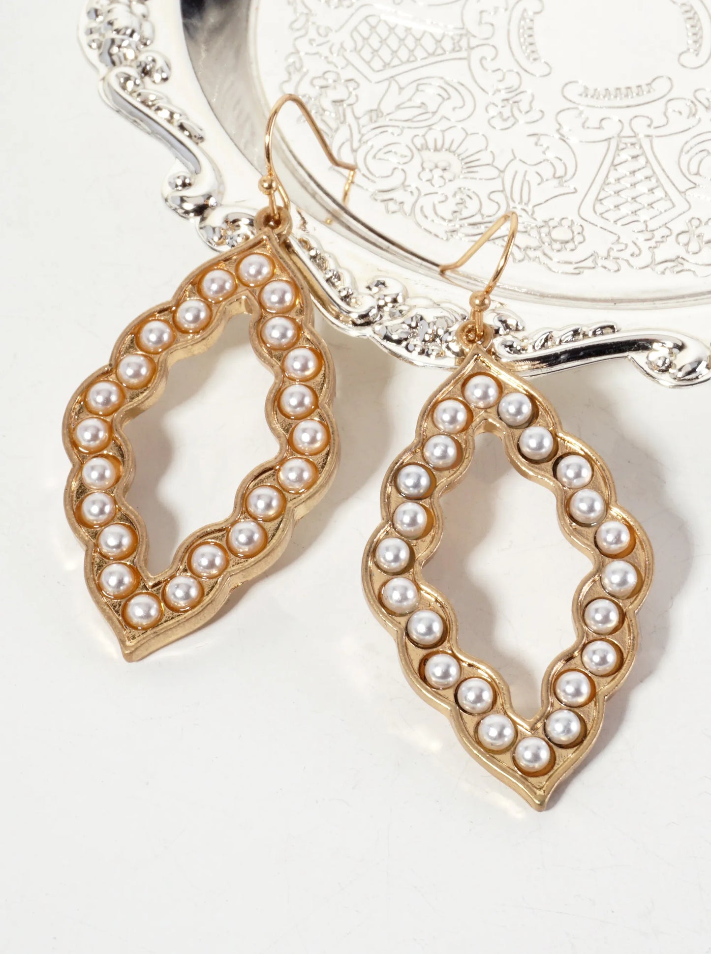 Pearl-Beaded Moroccan-Shaped Dangle Earrings