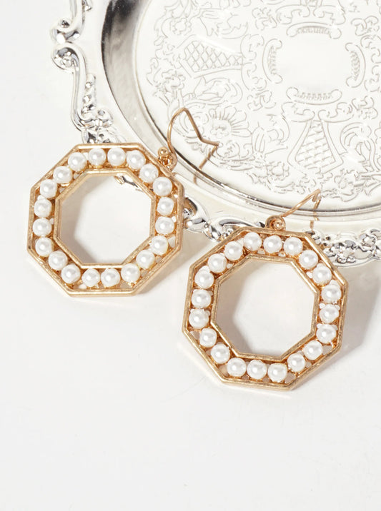 Pearl-Beaded Octagon-Shaped Dangle Earrings