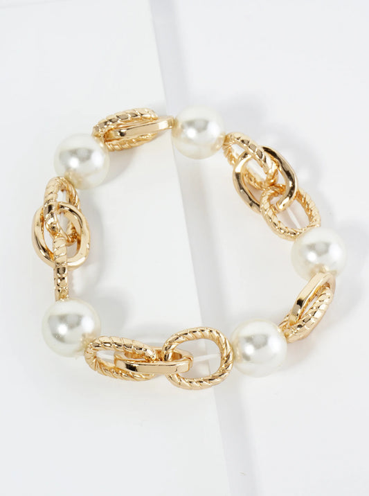 Pearl Beaded Oval Cast Linked Stretch Bracelet