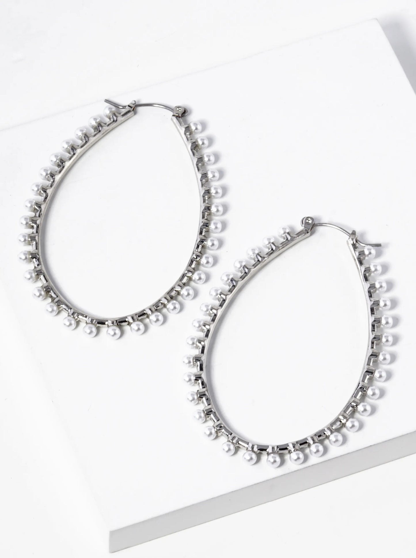 Pearl Beaded Oval Shape 60mm Hoop Earrings