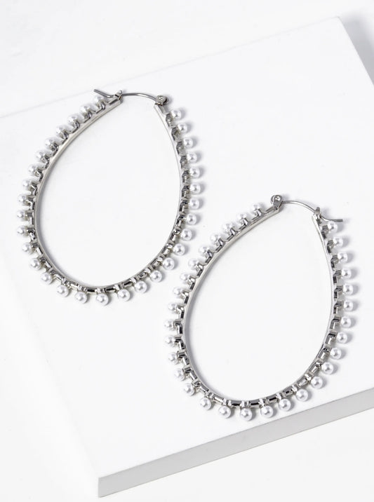 Pearl Beaded Oval Shape 60mm Hoop Earrings