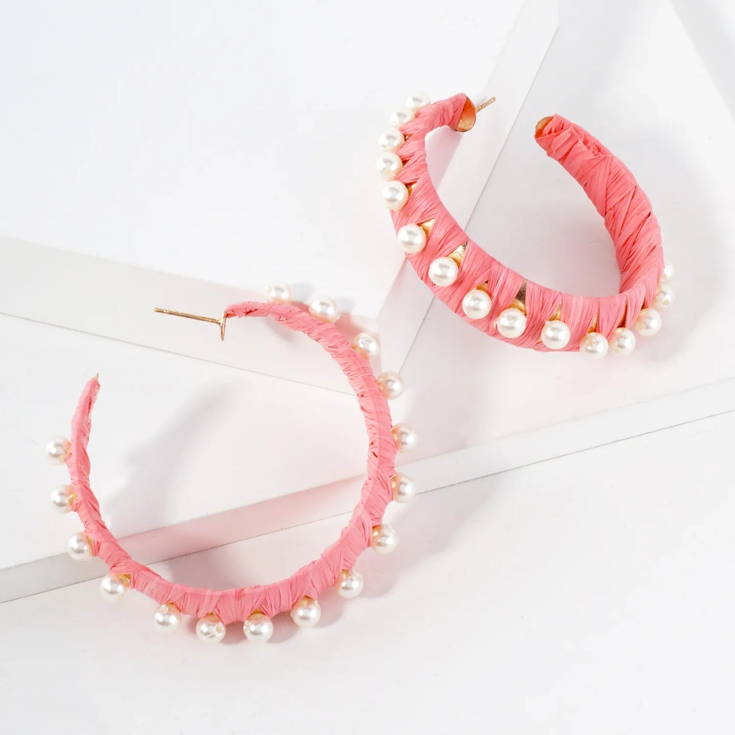 Pearl-Beaded Raffia Wrapped 50mm Statement Hoop Earrings