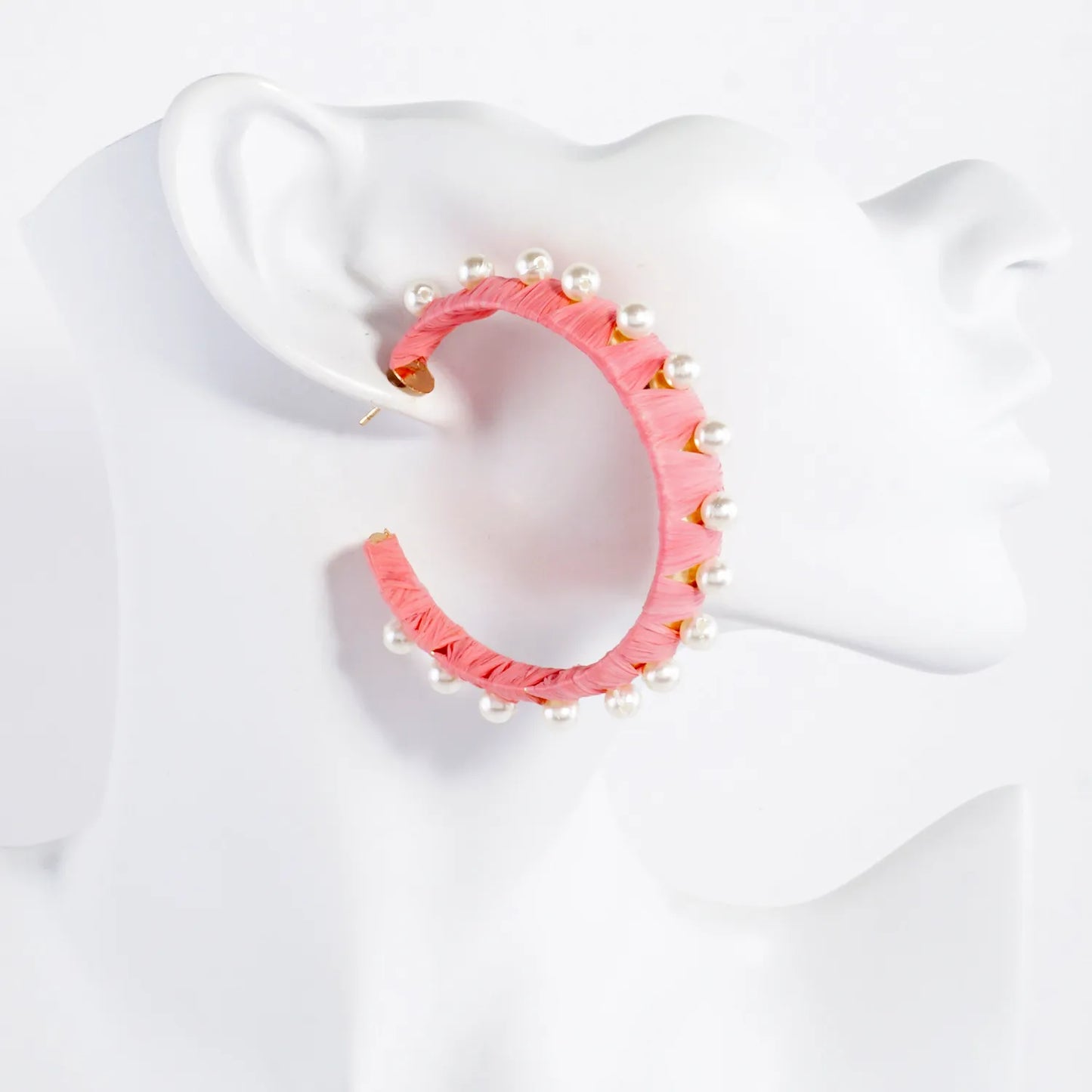 Pearl-Beaded Raffia Wrapped 50mm Statement Hoop Earrings