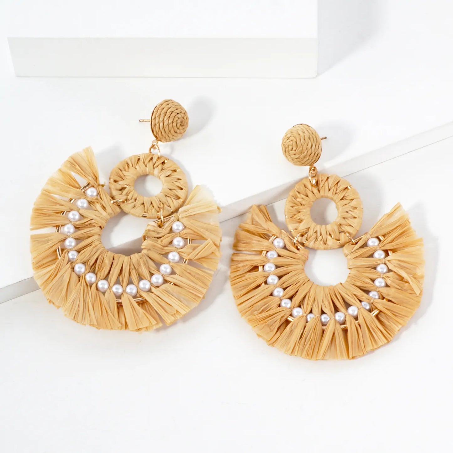 Pearl-Beaded Raffia Wrapped Fan Fringe Statement Earrings
