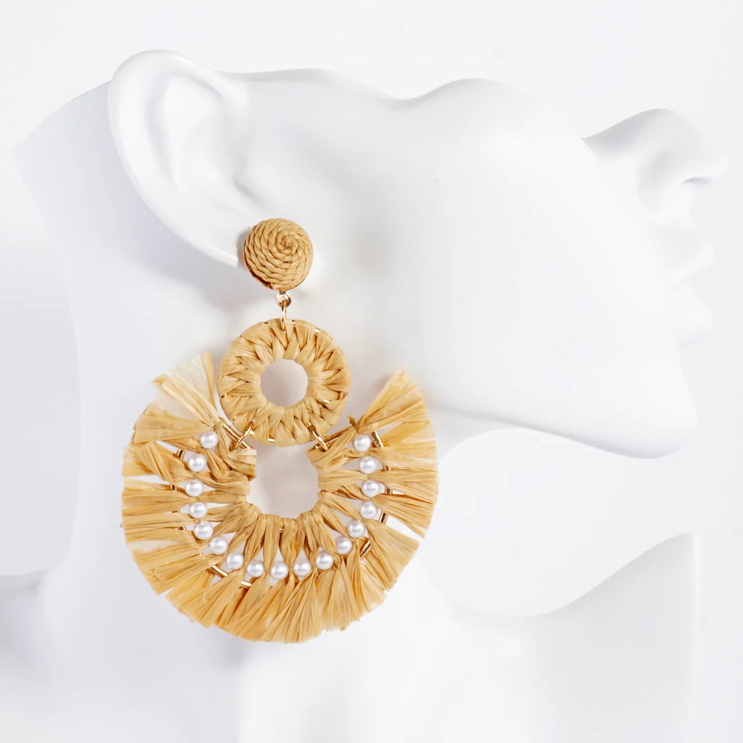 Pearl-Beaded Raffia Wrapped Fan Fringe Statement Earrings
