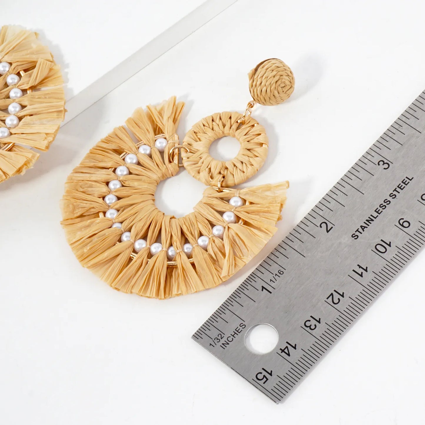 Pearl-Beaded Raffia Wrapped Fan Fringe Statement Earrings