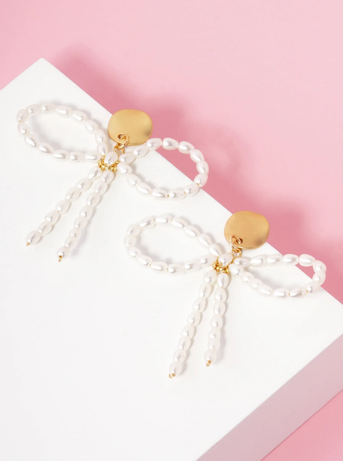 Pearl Beaded Ribbon Bow Drop Eye-Catching Stud Earrings