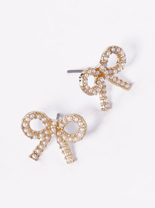 Pearl Beaded Ribbon Bow Stud Earrings