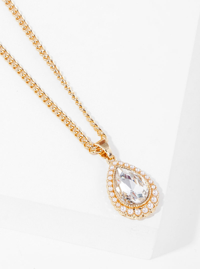 Pearl Beaded Teardrop Rhinestone Pendant 16 Inch Necklace