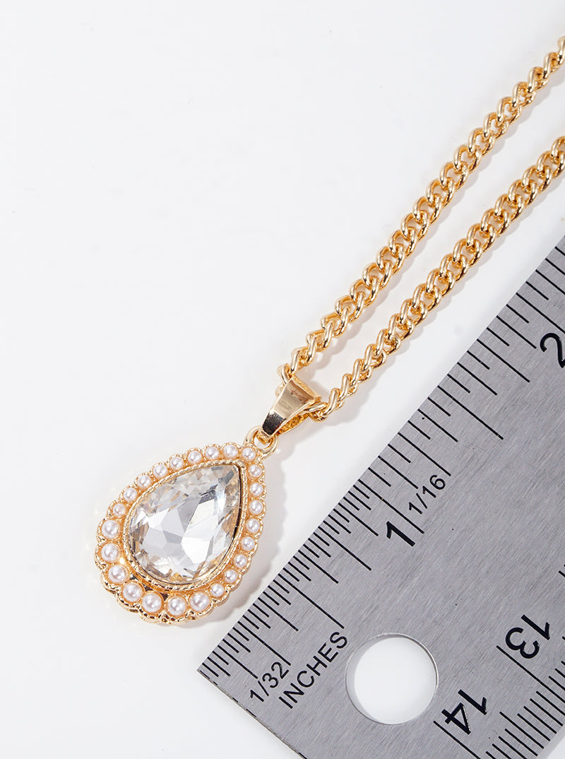 Pearl Beaded Teardrop Rhinestone Pendant 16 Inch Necklace