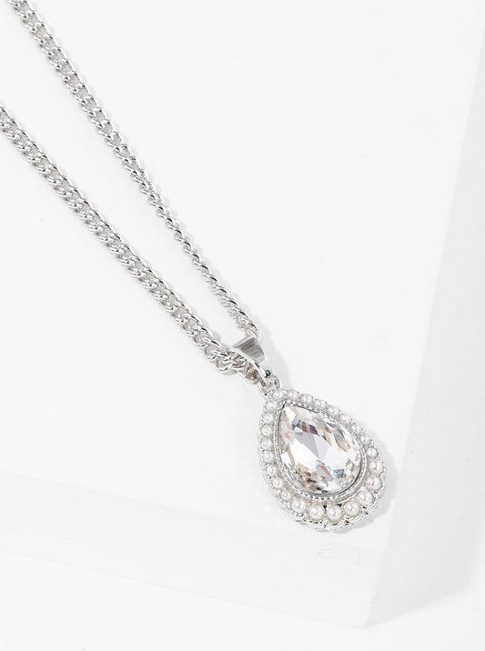 Pearl Beaded Teardrop Rhinestone Pendant 16 Inch Necklace