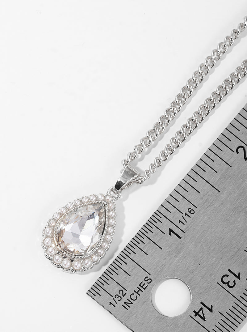 Pearl Beaded Teardrop Rhinestone Pendant 16 Inch Necklace
