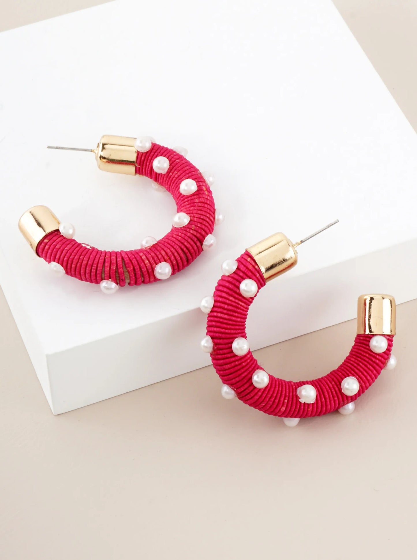 Pearl Beaded Thread Wrapped 40mm Chunky Hoop Earrings