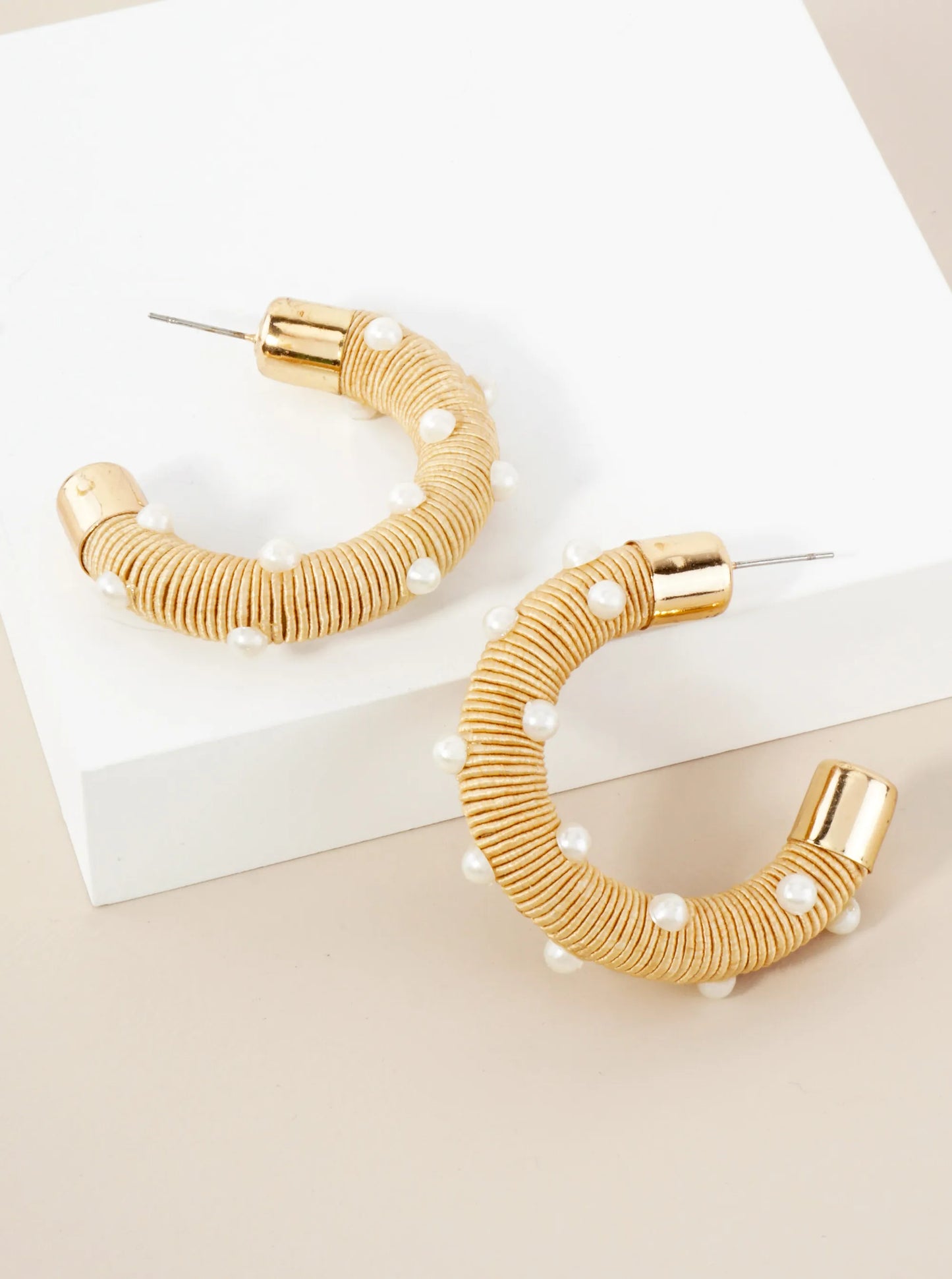 Pearl Beaded Thread Wrapped 40mm Chunky Hoop Earrings