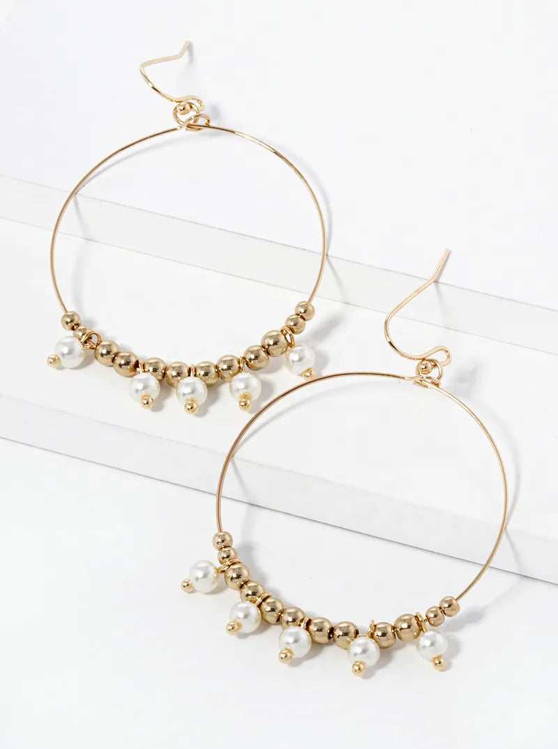 Pearl Beads Drop Wire Circle Dangle Earrings