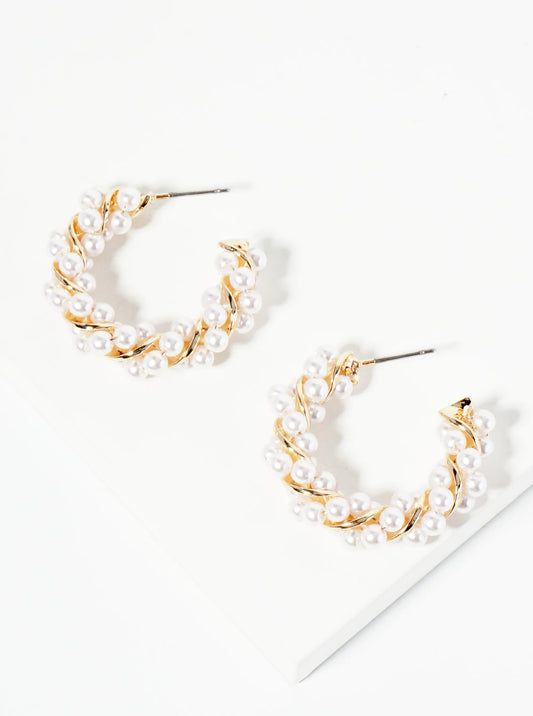 Pearl Beads Wire Wrapped 30mm Open Hoop Earrings