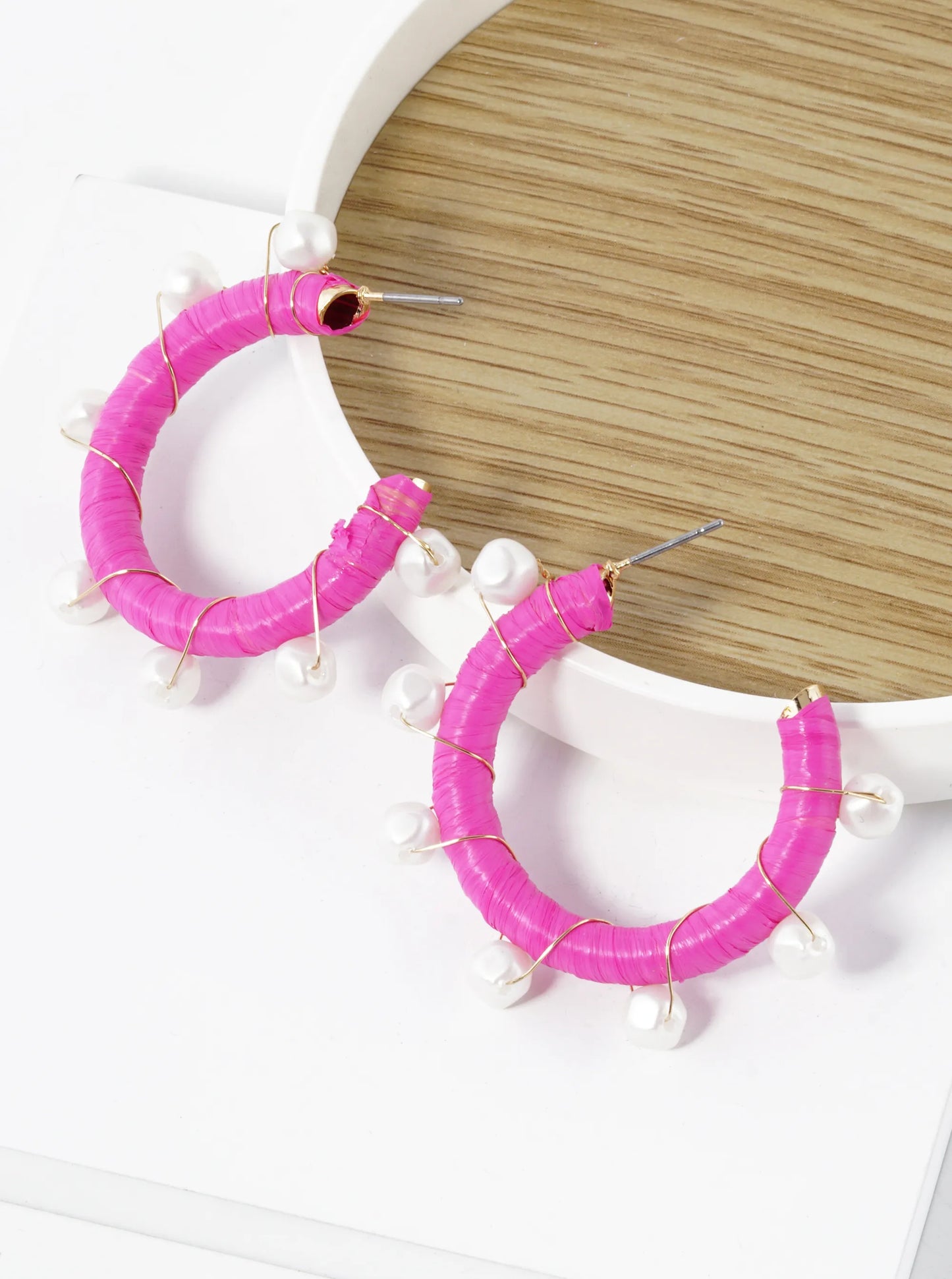 Pearl Beads Wired Raffia Wrapped 30mm Open Hoop Earrings