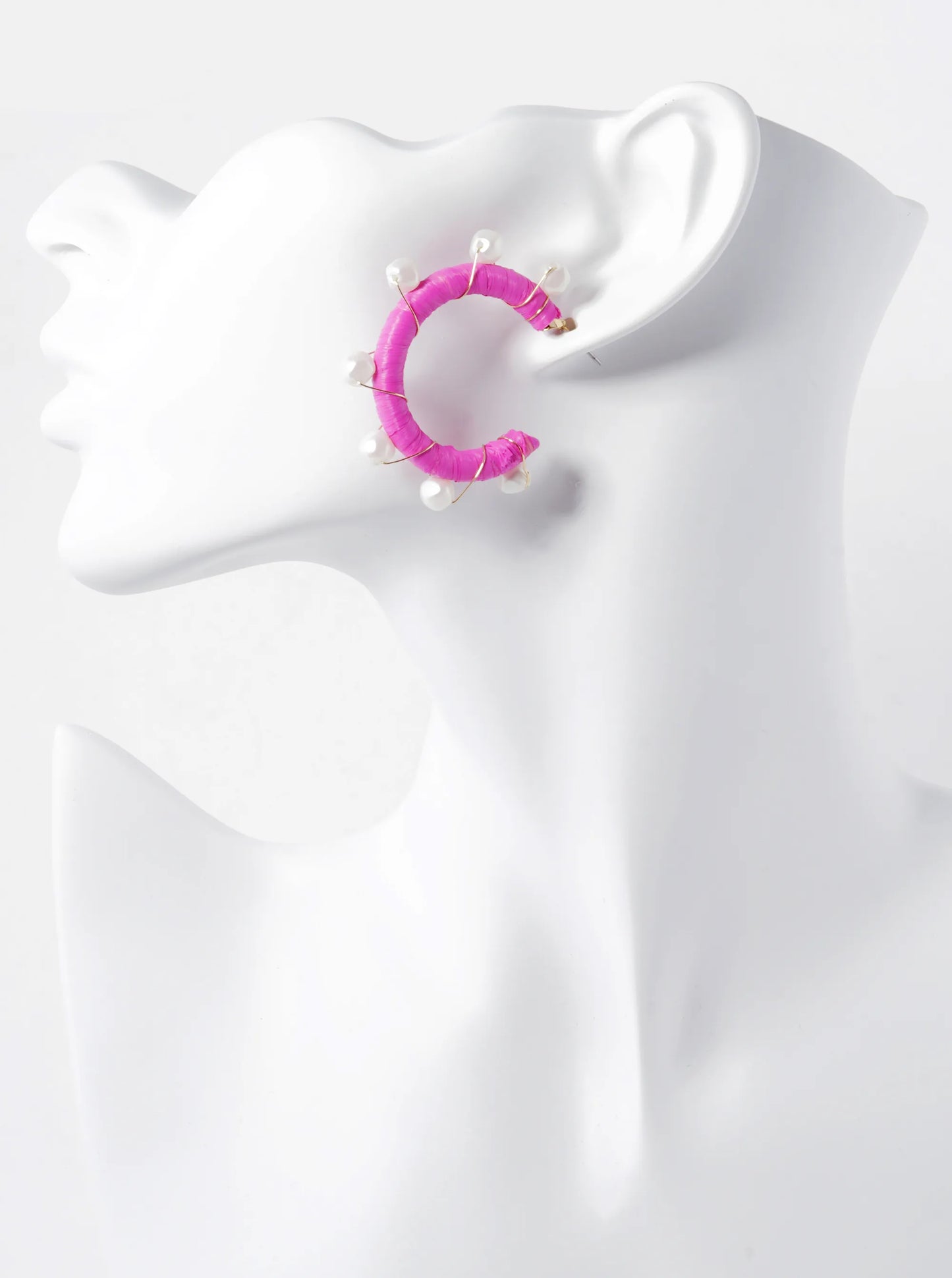 Pearl Beads Wired Raffia Wrapped 30mm Open Hoop Earrings