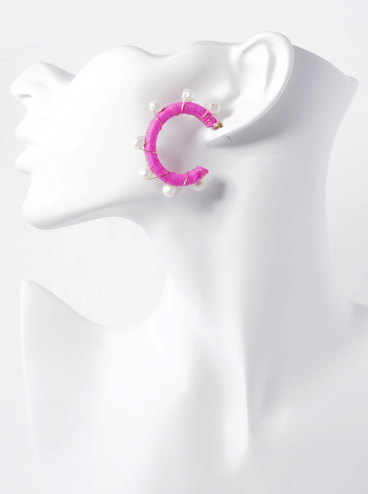 Pearl Beads Wired Raffia Wrapped 30mm Open Hoop Earrings