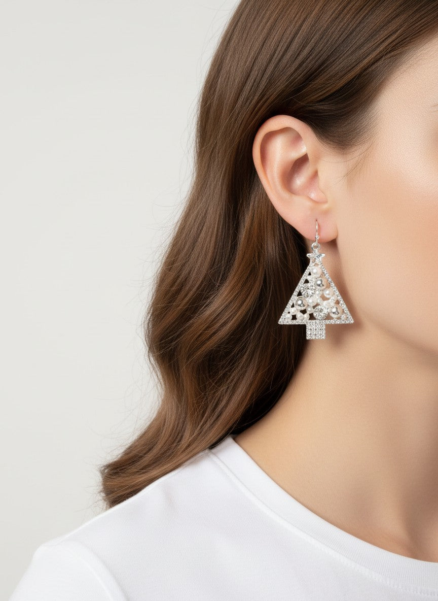 Pearl Crystal Rhinestone Christmas Tree Earrings