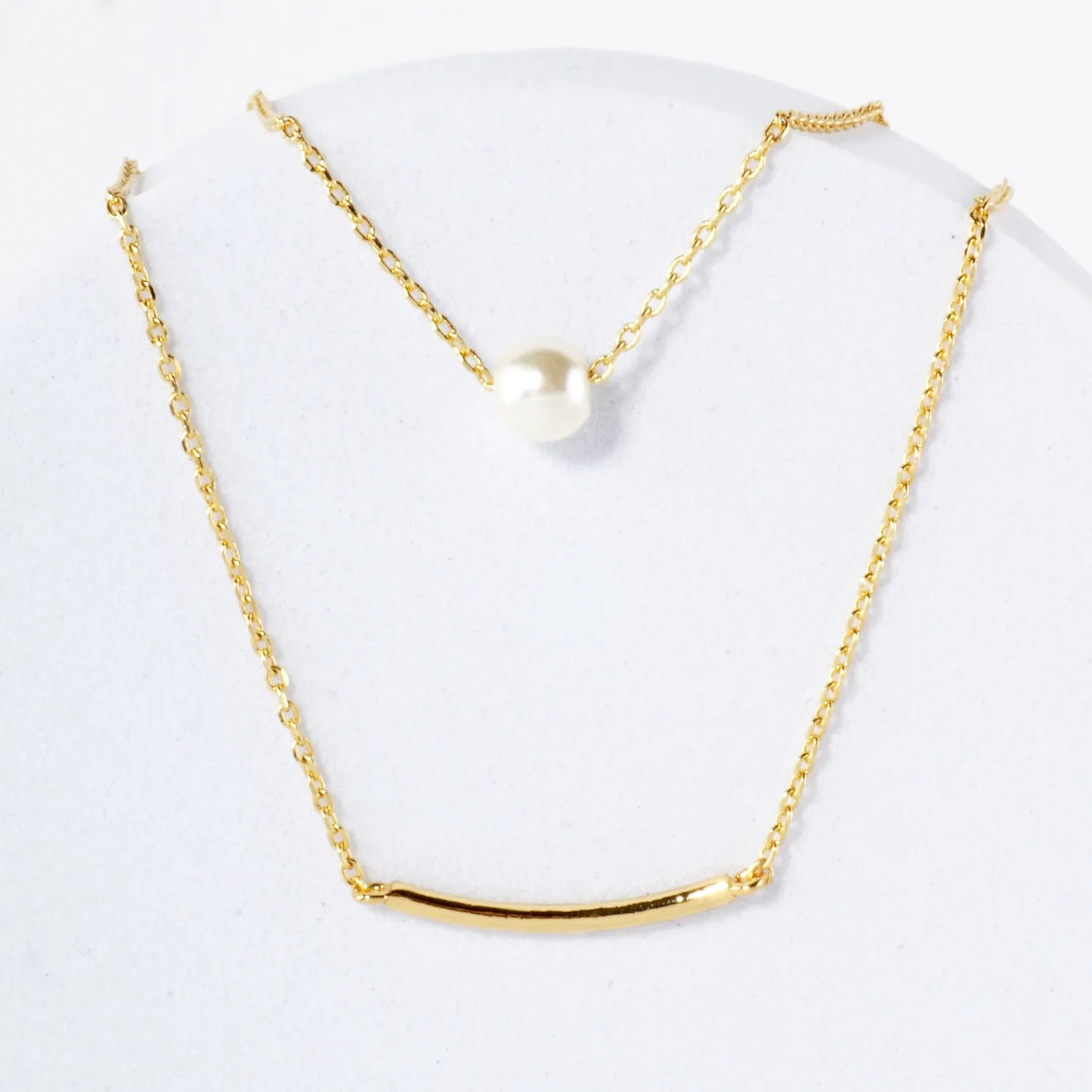 Pearl Curved Tube Brass Bar Pendant 18K-Gold-Dipped Layered Necklace