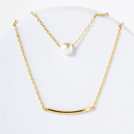 Pearl Curved Tube Brass Bar Pendant 18K-Gold-Dipped Layered Necklace