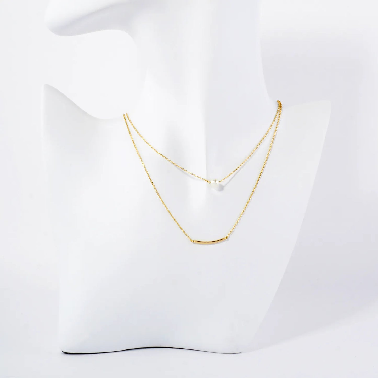 Pearl Curved Tube Brass Bar Pendant 18K-Gold-Dipped Layered Necklace