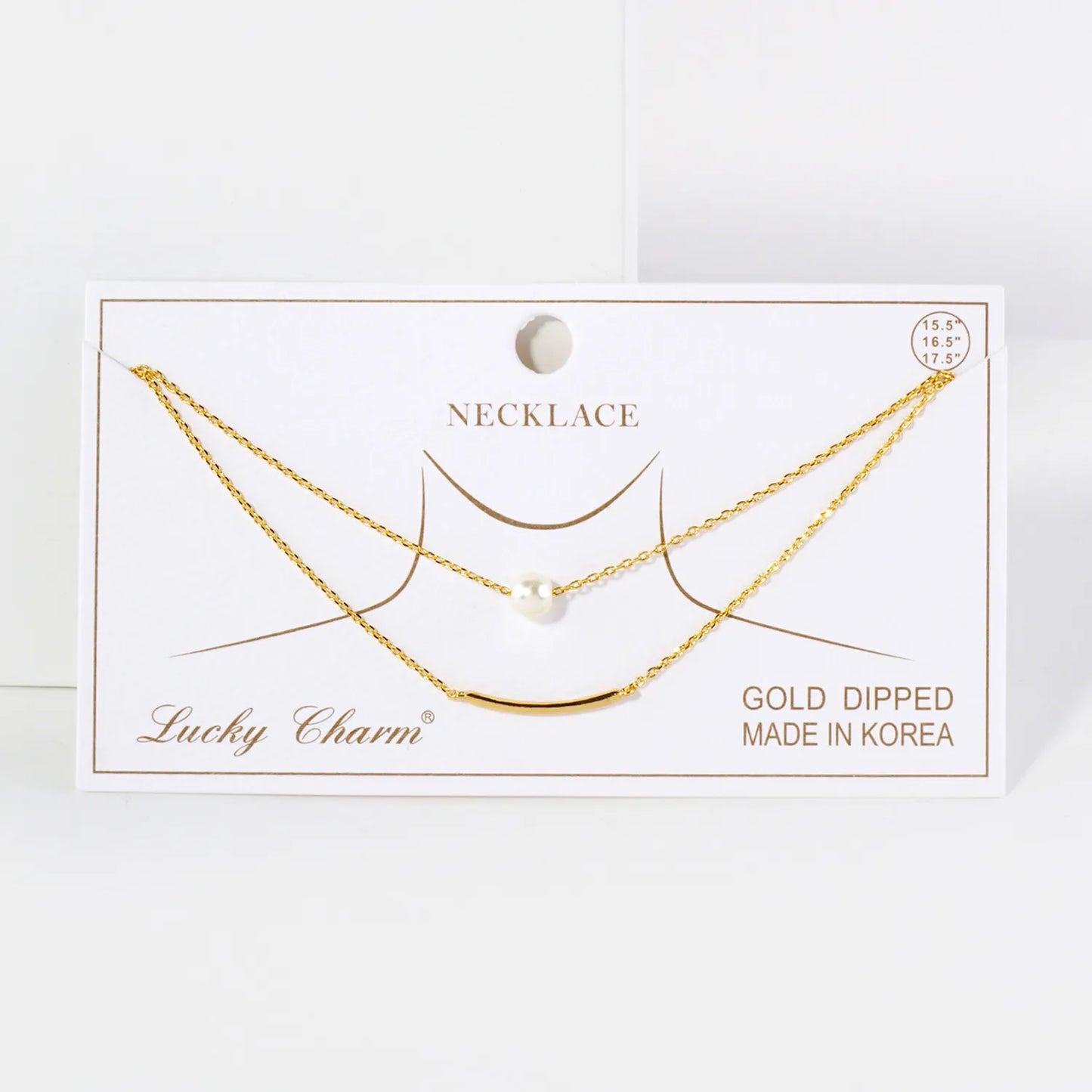 Pearl Curved Tube Brass Bar Pendant 18K-Gold-Dipped Layered Necklace