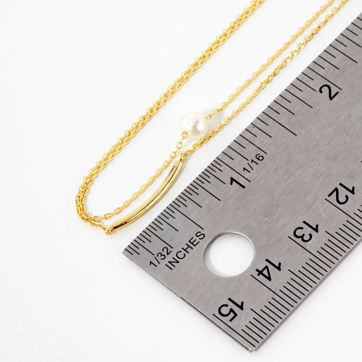 Pearl Curved Tube Brass Bar Pendant 18K-Gold-Dipped Layered Necklace