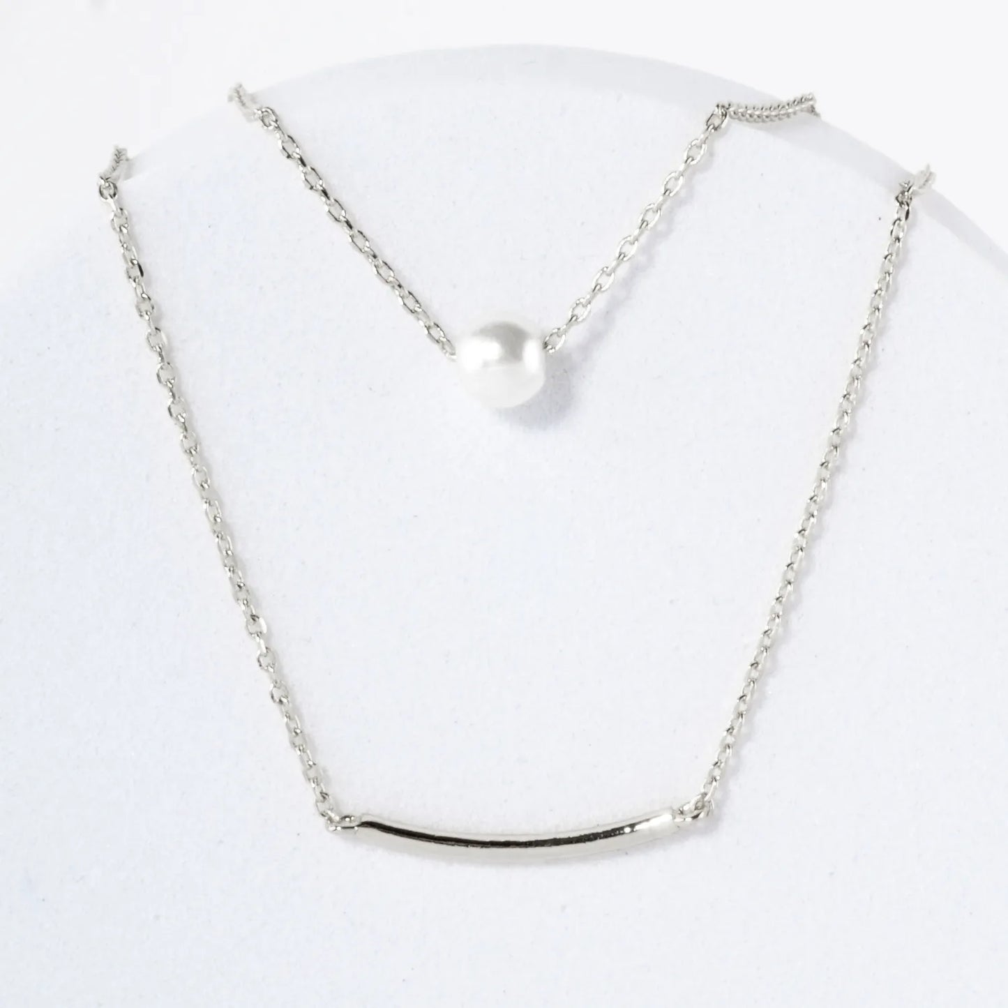 Pearl Curved Tube Brass Bar Pendant 18K-Gold-Dipped Layered Necklace