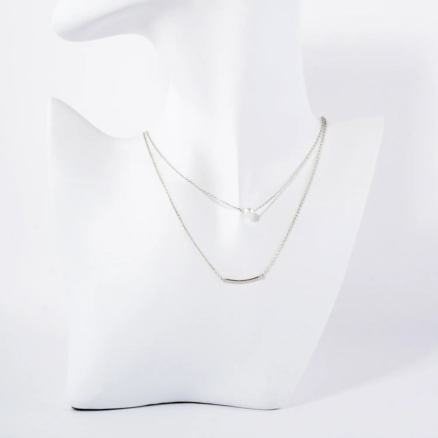 Pearl Curved Tube Brass Bar Pendant 18K-Gold-Dipped Layered Necklace