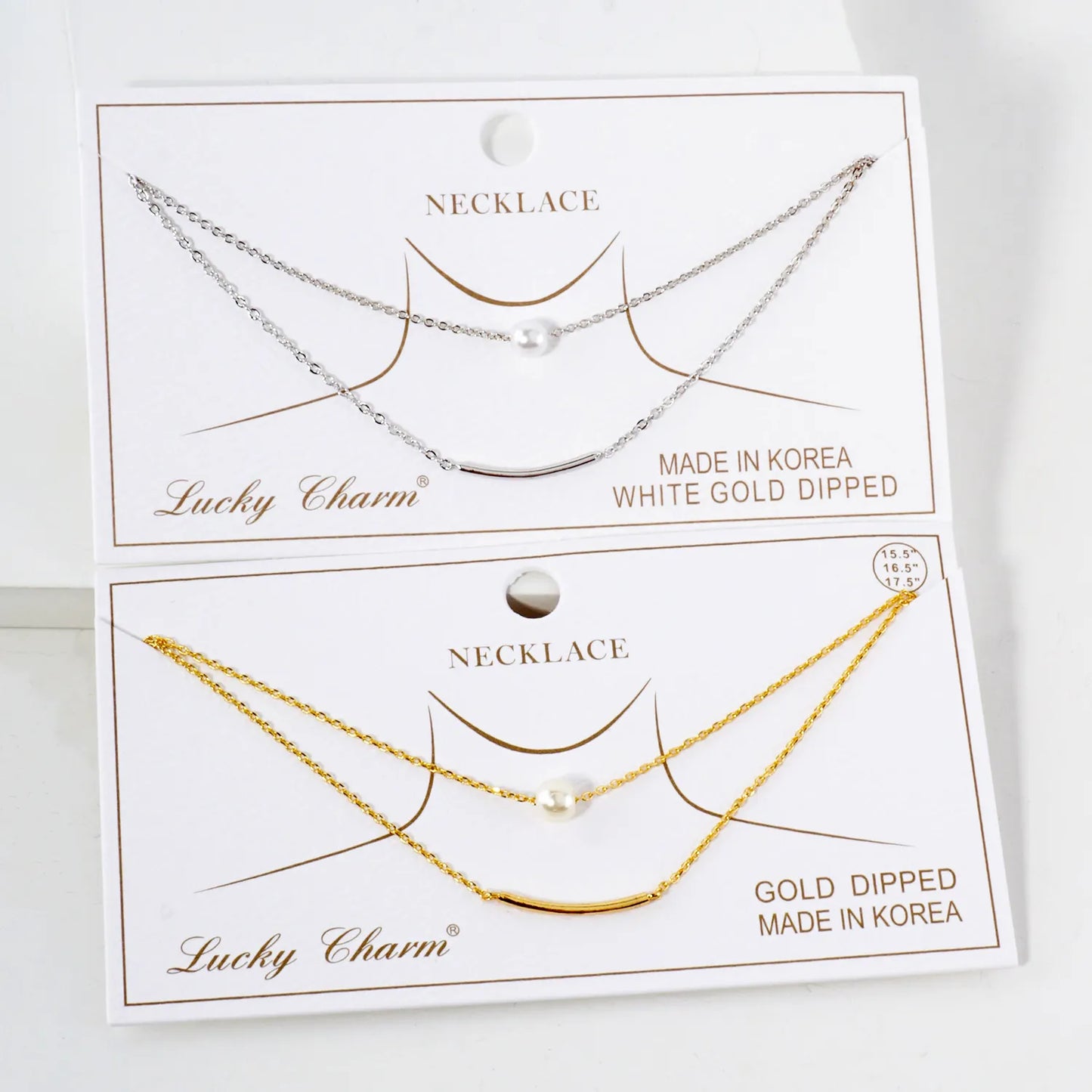 Pearl Curved Tube Brass Bar Pendant 18K-Gold-Dipped Layered Necklace