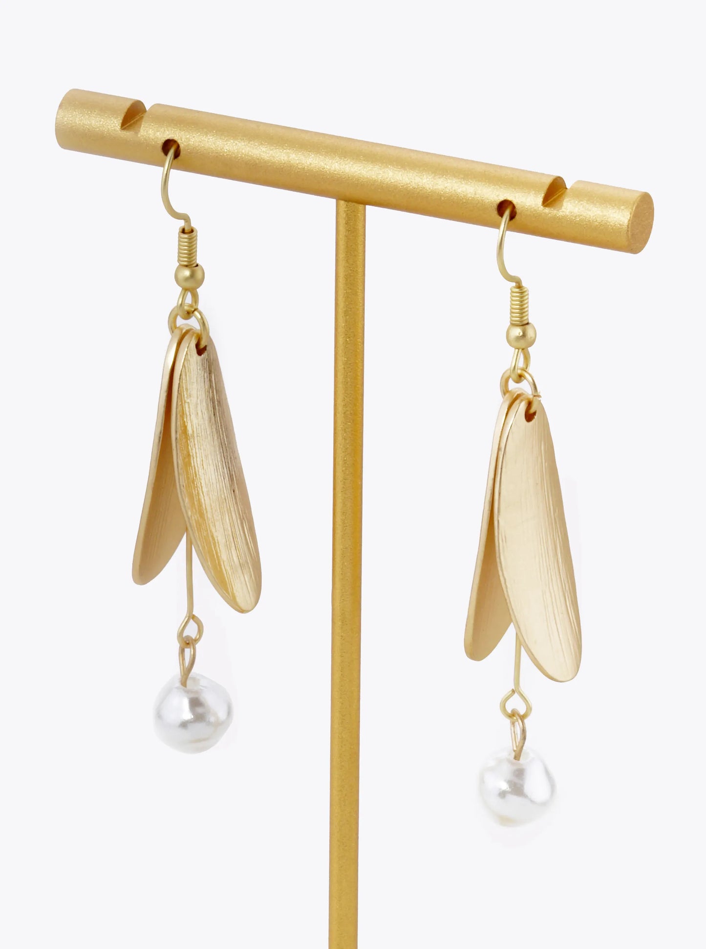 Pearl Drop Brushed Metal Petal Dangle Drop Earrings