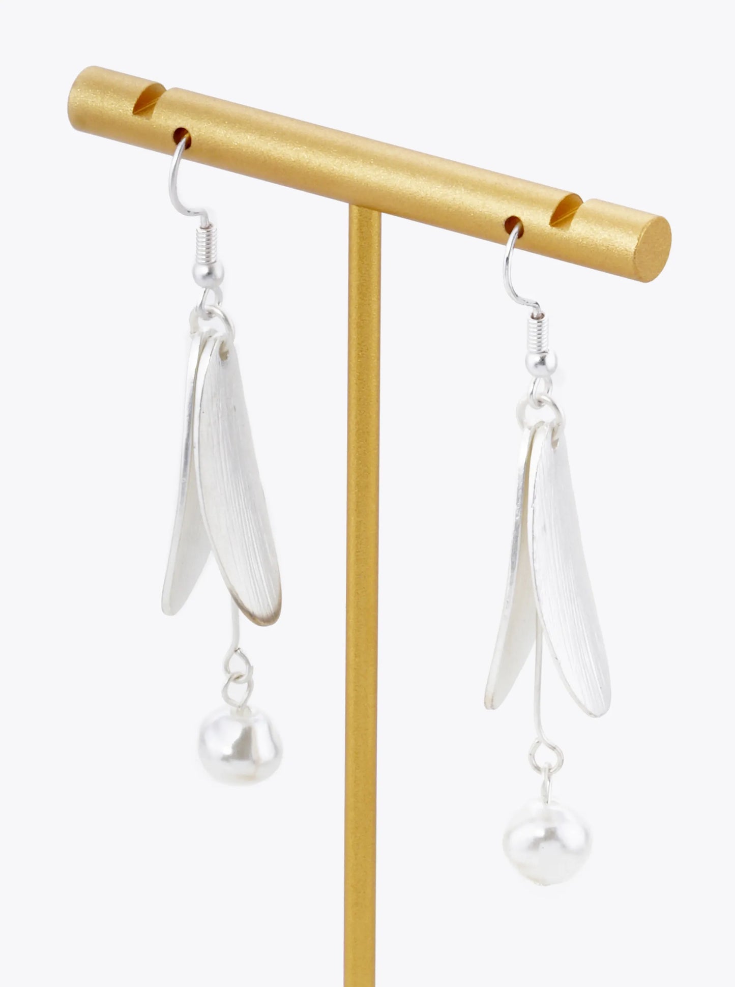 Pearl Drop Brushed Metal Petal Dangle Drop Earrings