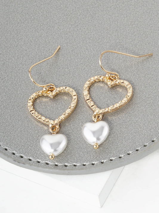 Pearl Drop Textured Heart Dangle Earrings