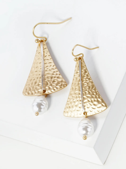 Pearl Drop Wire Wrapped Two-Tone Hammered Triangle Dangle Earrings